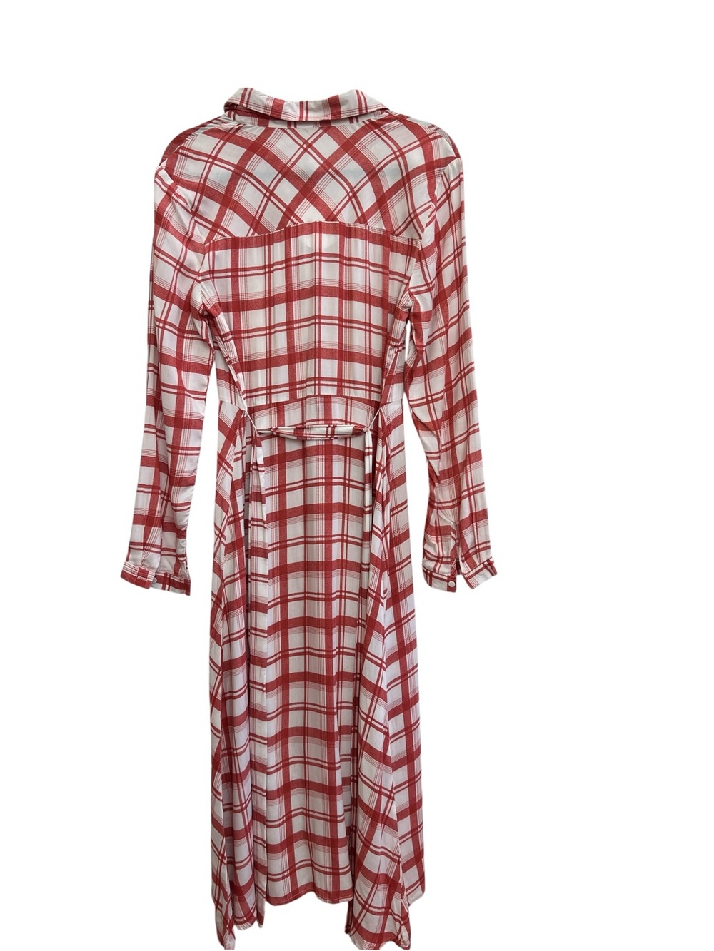Umgee Plaid Button Front Shirt Dress Rayon Tie Waist Red White Small NWT Cottage - Picture 3 of 10